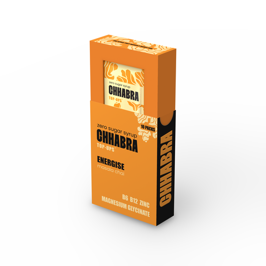 A box of chhabra zero sugar syrup, 10% v/v, packaged in an orange and black carton with a clear window showing the inner packaging.